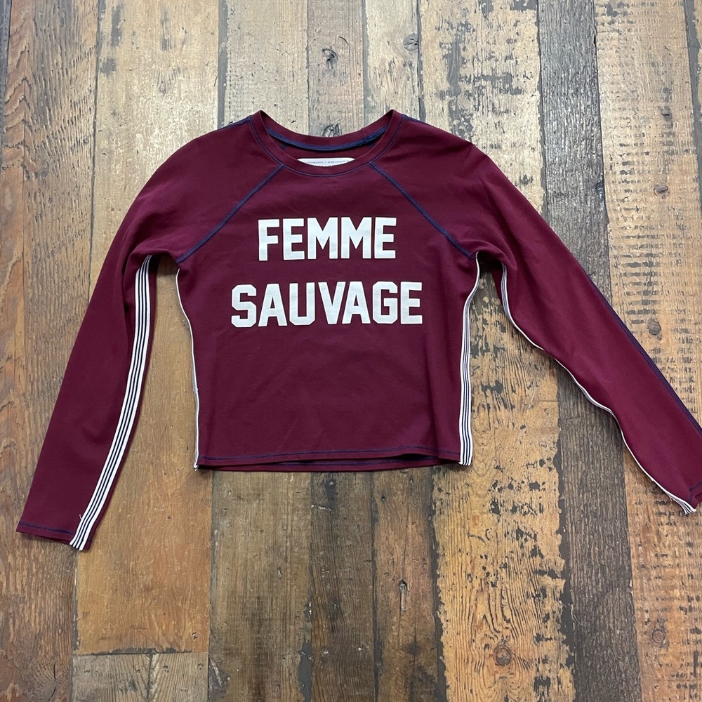 144. Parts + Labor Femme Sauvage Large Maroon/blue long sleeve crop shirt - Picture 1 of 8